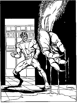 A hero faces the beast.  Art by Mark Williams.  Used without permission.